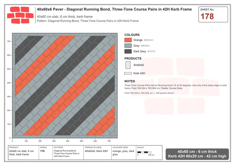 Interlock (Pasco) 40x60 cm · RC46-178 · Diagonal Running Bond, Three-Tone Course Pairs in 42H Kerb Frame · Laying plan Interlock (Pasco) 40x60 cm · RC46-178 · Diagonal Running Bond, Three-Tone Course Pairs in 42H Kerb Frame · Laying plan