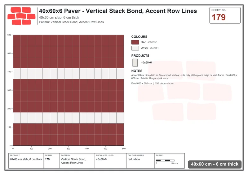 Interlock (Pasco) 40x60 cm · RC46-179 · Vertical Stack Bond, Accent Row Lines · Laying plan Interlock (Pasco) 40x60 cm · RC46-179 · Vertical Stack Bond, Accent Row Lines · Laying plan
