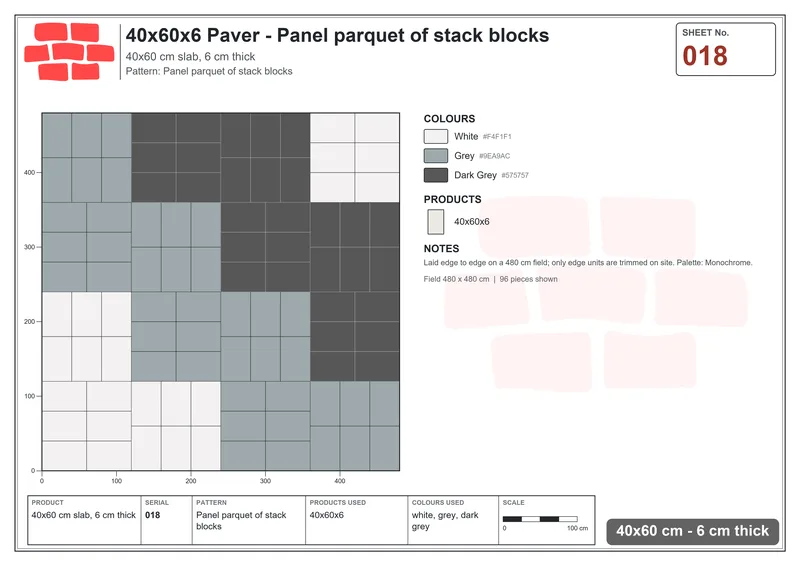 Interlock (Pasco) 40x60 cm · RC46-18 · Panel parquet of stack blocks · Laying plan Interlock (Pasco) 40x60 cm · RC46-18 · Panel parquet of stack blocks · Laying plan