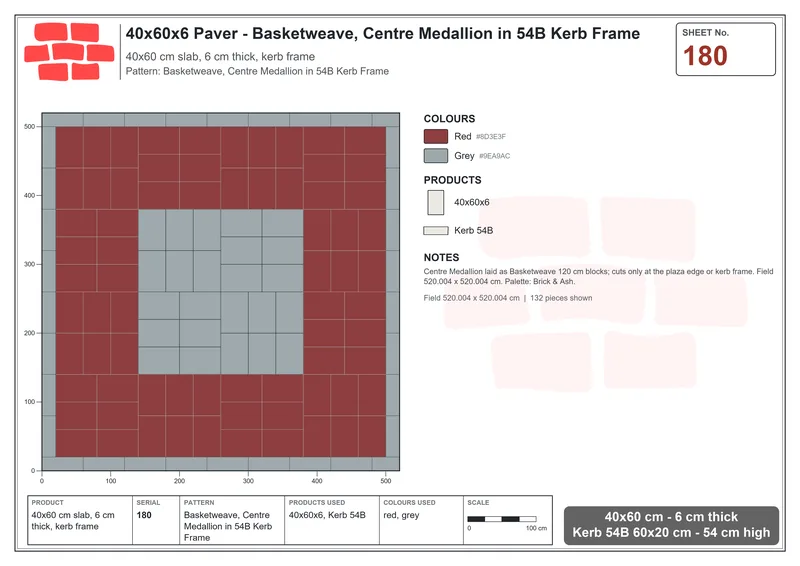 Interlock (Pasco) 40x60 cm · RC46-180 · Basketweave, Centre Medallion in 54B Kerb Frame · Laying plan Interlock (Pasco) 40x60 cm · RC46-180 · Basketweave, Centre Medallion in 54B Kerb Frame · Laying plan