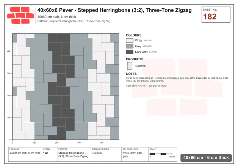 Interlock (Pasco) 40x60 cm · RC46-182 · Stepped Herringbone (3:2), Three-Tone Zigzag · Laying plan Interlock (Pasco) 40x60 cm · RC46-182 · Stepped Herringbone (3:2), Three-Tone Zigzag · Laying plan