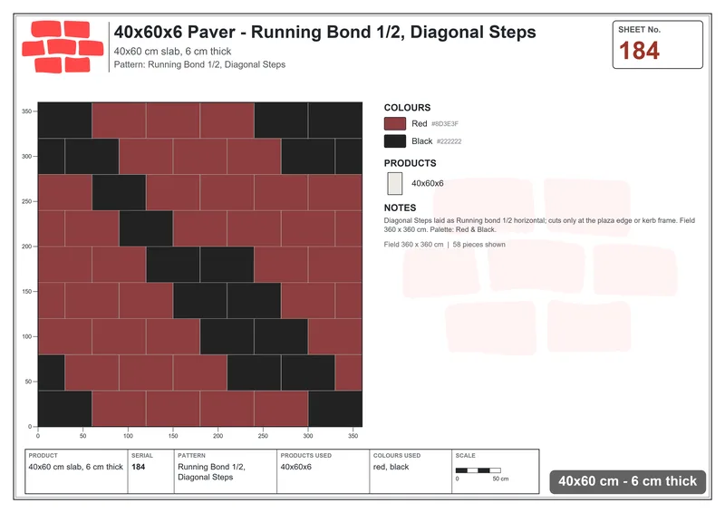 Interlock (Pasco) 40x60 cm · RC46-184 · Running Bond 1/2, Diagonal Steps · Laying plan Interlock (Pasco) 40x60 cm · RC46-184 · Running Bond 1/2, Diagonal Steps · Laying plan