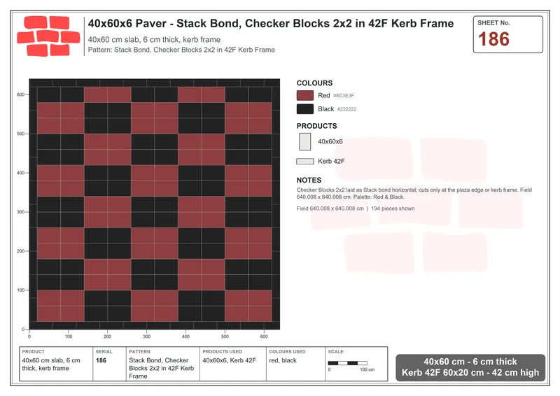 Interlock (Pasco) 40x60 cm · RC46-186 · Stack Bond, Checker Blocks 2x2 in 42F Kerb Frame · Laying plan Interlock (Pasco) 40x60 cm · RC46-186 · Stack Bond, Checker Blocks 2x2 in 42F Kerb Frame · Laying plan