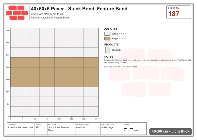 Interlock (Pasco) 40x60 cm · RC46-187 · Stack Bond, Feature Band · Laying plan Interlock (Pasco) 40x60 cm · RC46-187 · Stack Bond, Feature Band · Laying plan