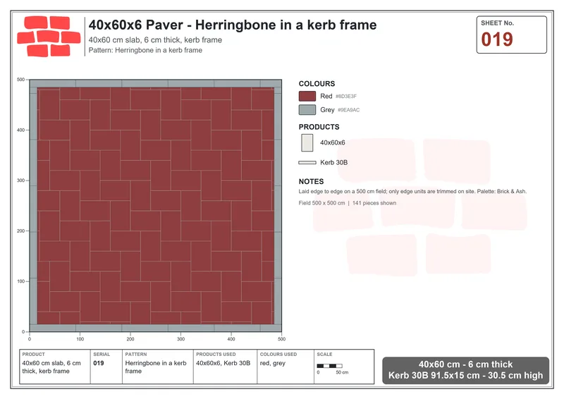 Interlock (Pasco) 40x60 cm · RC46-19 · Herringbone in a kerb frame · Laying plan Interlock (Pasco) 40x60 cm · RC46-19 · Herringbone in a kerb frame · Laying plan