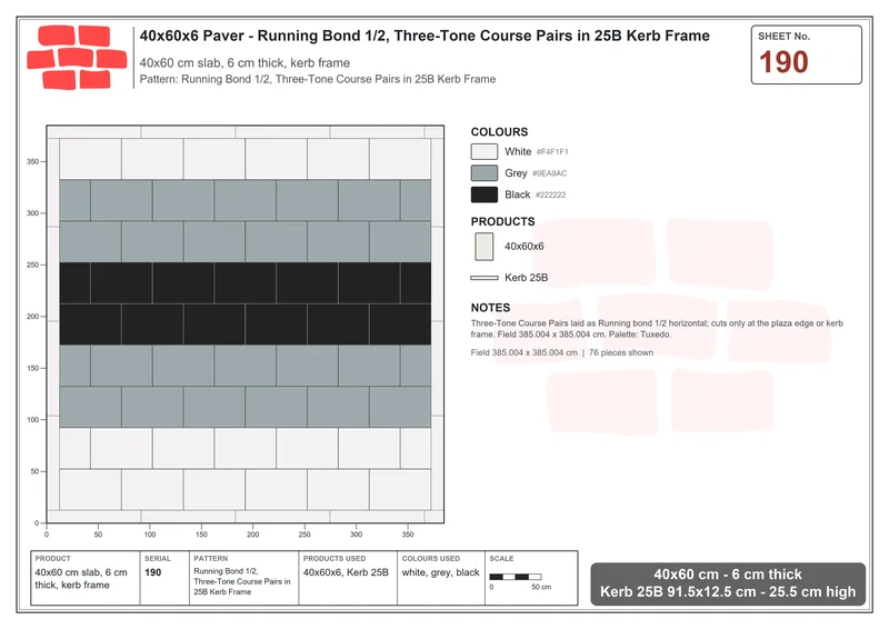 Interlock (Pasco) 40x60 cm · RC46-190 · Running Bond 1/2, Three-Tone Course Pairs in 25B Kerb Frame · Laying plan Interlock (Pasco) 40x60 cm · RC46-190 · Running Bond 1/2, Three-Tone Course Pairs in 25B Kerb Frame · Laying plan