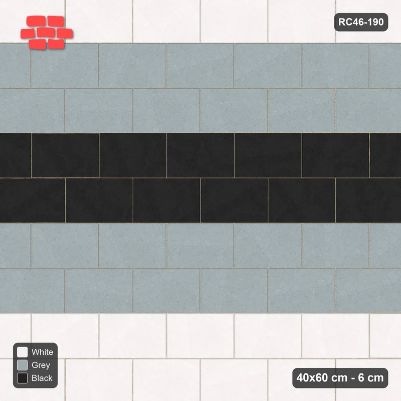 Interlock (Pasco) 40x60 cm · RC46-190 · Running Bond 1/2, Three-Tone Course Pairs in 25B Kerb Frame · Top view Interlock (Pasco) 40x60 cm · RC46-190 · Running Bond 1/2, Three-Tone Course Pairs in 25B Kerb Frame · Top view