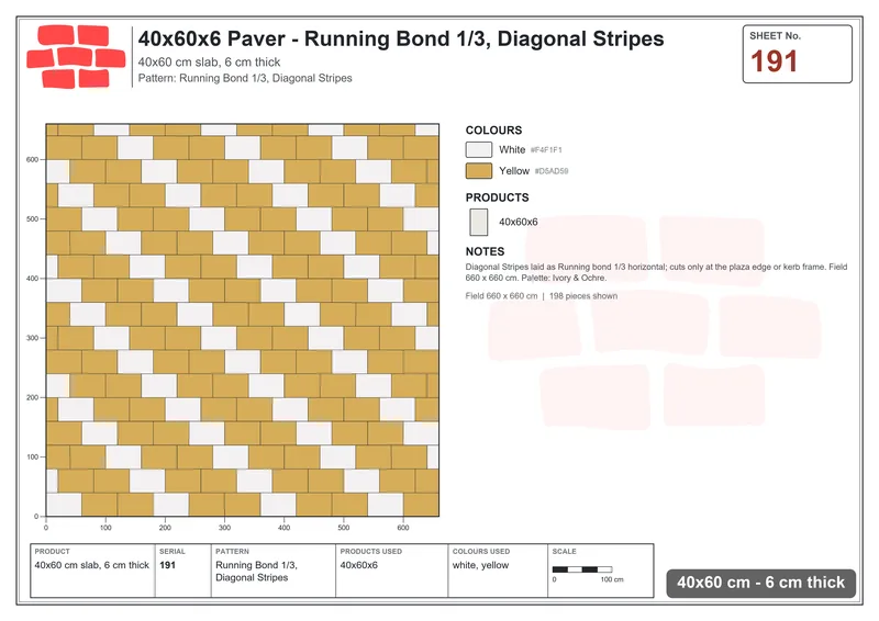 Interlock (Pasco) 40x60 cm · RC46-191 · Running Bond 1/3, Diagonal Stripes · Laying plan Interlock (Pasco) 40x60 cm · RC46-191 · Running Bond 1/3, Diagonal Stripes · Laying plan