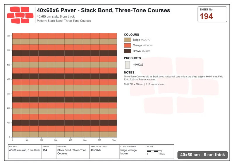 Interlock (Pasco) 40x60 cm · RC46-194 · Stack Bond, Three-Tone Courses · Laying plan Interlock (Pasco) 40x60 cm · RC46-194 · Stack Bond, Three-Tone Courses · Laying plan