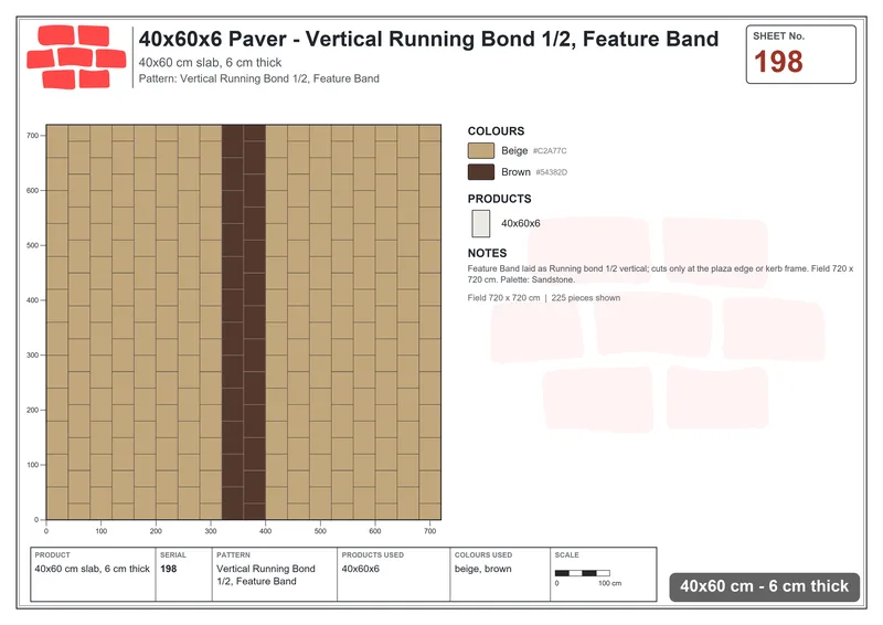 Interlock (Pasco) 40x60 cm · RC46-198 · Vertical Running Bond 1/2, Feature Band · Laying plan Interlock (Pasco) 40x60 cm · RC46-198 · Vertical Running Bond 1/2, Feature Band · Laying plan