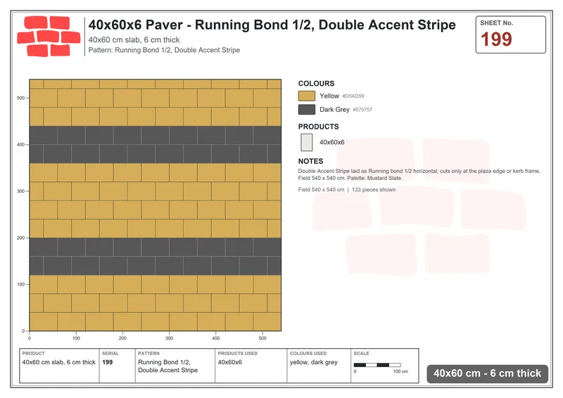 Interlock (Pasco) 40x60 cm · RC46-199 · Running Bond 1/2, Double Accent Stripe · Laying plan Interlock (Pasco) 40x60 cm · RC46-199 · Running Bond 1/2, Double Accent Stripe · Laying plan