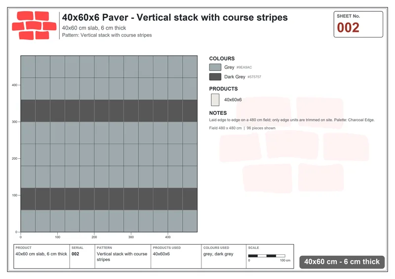 Interlock (Pasco) 40x60 cm · RC46-2 · Vertical stack with course stripes · Laying plan Interlock (Pasco) 40x60 cm · RC46-2 · Vertical stack with course stripes · Laying plan