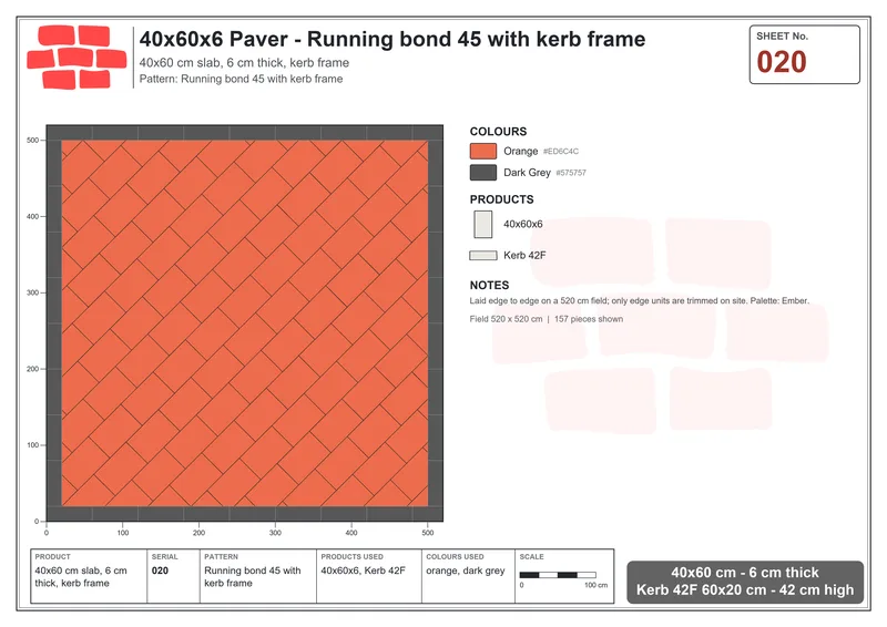 Interlock (Pasco) 40x60 cm · RC46-20 · Running bond 45 with kerb frame · Laying plan Interlock (Pasco) 40x60 cm · RC46-20 · Running bond 45 with kerb frame · Laying plan