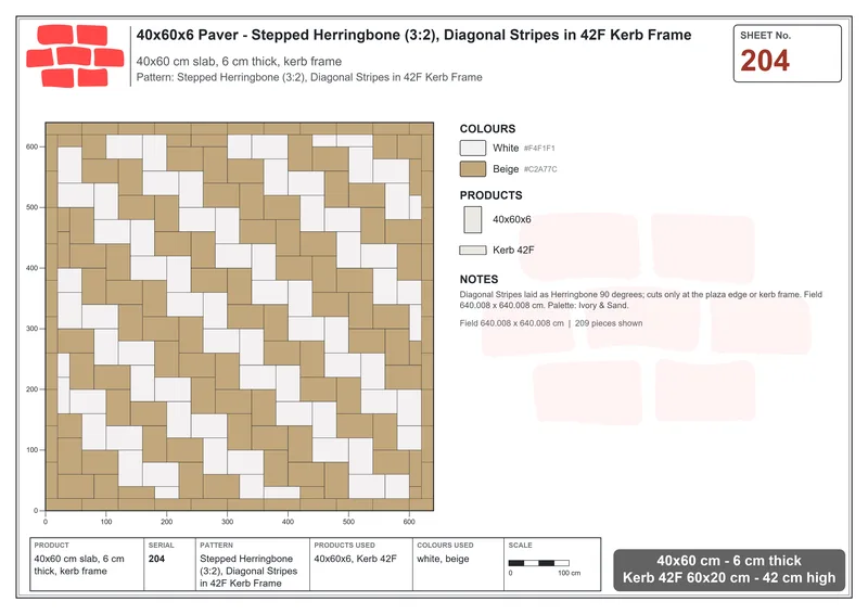 Interlock (Pasco) 40x60 cm · RC46-204 · Stepped Herringbone (3:2), Diagonal Stripes in 42F Kerb Frame · Laying plan Interlock (Pasco) 40x60 cm · RC46-204 · Stepped Herringbone (3:2), Diagonal Stripes in 42F Kerb Frame · Laying plan