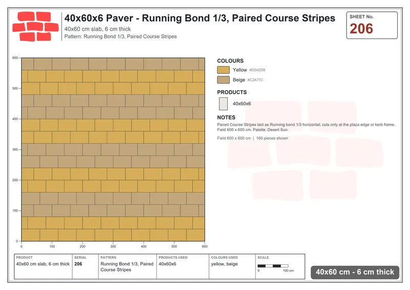 Interlock (Pasco) 40x60 cm · RC46-206 · Running Bond 1/3, Paired Course Stripes · Laying plan Interlock (Pasco) 40x60 cm · RC46-206 · Running Bond 1/3, Paired Course Stripes · Laying plan