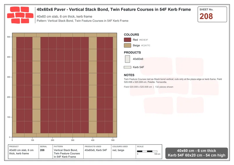 Interlock (Pasco) 40x60 cm · RC46-208 · Vertical Stack Bond, Twin Feature Courses in 54F Kerb Frame · Laying plan Interlock (Pasco) 40x60 cm · RC46-208 · Vertical Stack Bond, Twin Feature Courses in 54F Kerb Frame · Laying plan