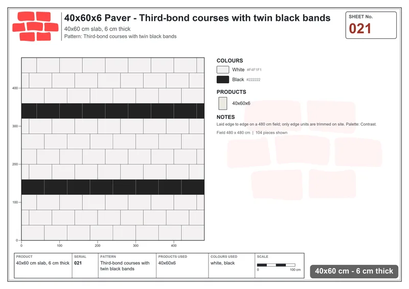 Interlock (Pasco) 40x60 cm · RC46-21 · Third-bond courses with twin black bands · Laying plan Interlock (Pasco) 40x60 cm · RC46-21 · Third-bond courses with twin black bands · Laying plan