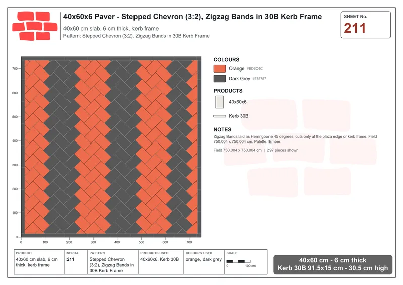 Interlock (Pasco) 40x60 cm · RC46-211 · Stepped Chevron (3:2), Zigzag Bands in 30B Kerb Frame · Laying plan Interlock (Pasco) 40x60 cm · RC46-211 · Stepped Chevron (3:2), Zigzag Bands in 30B Kerb Frame · Laying plan