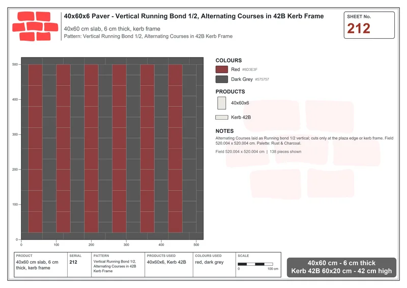Interlock (Pasco) 40x60 cm · RC46-212 · Vertical Running Bond 1/2, Alternating Courses in 42B Kerb Frame · Laying plan Interlock (Pasco) 40x60 cm · RC46-212 · Vertical Running Bond 1/2, Alternating Courses in 42B Kerb Frame · Laying plan