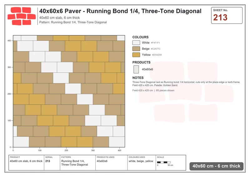 Interlock (Pasco) 40x60 cm · RC46-213 · Running Bond 1/4, Three-Tone Diagonal · Laying plan Interlock (Pasco) 40x60 cm · RC46-213 · Running Bond 1/4, Three-Tone Diagonal · Laying plan