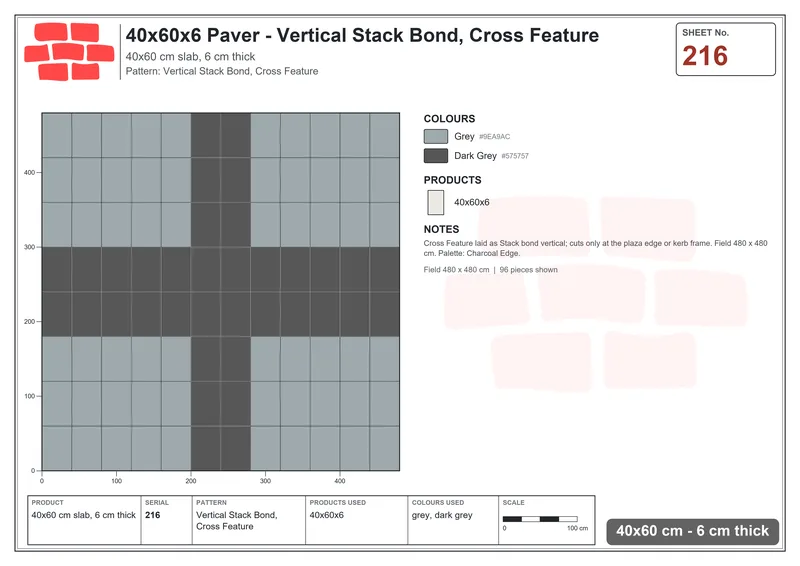Interlock (Pasco) 40x60 cm · RC46-216 · Vertical Stack Bond, Cross Feature · Laying plan Interlock (Pasco) 40x60 cm · RC46-216 · Vertical Stack Bond, Cross Feature · Laying plan