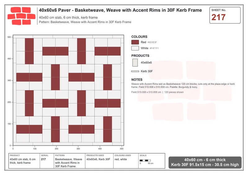 Interlock (Pasco) 40x60 cm · RC46-217 · Basketweave, Weave with Accent Rims in 30F Kerb Frame · Laying plan Interlock (Pasco) 40x60 cm · RC46-217 · Basketweave, Weave with Accent Rims in 30F Kerb Frame · Laying plan
