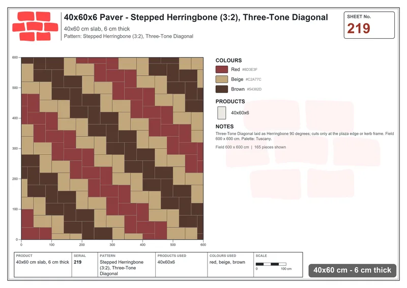 Interlock (Pasco) 40x60 cm · RC46-219 · Stepped Herringbone (3:2), Three-Tone Diagonal · Laying plan Interlock (Pasco) 40x60 cm · RC46-219 · Stepped Herringbone (3:2), Three-Tone Diagonal · Laying plan