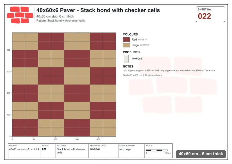 Interlock (Pasco) 40x60 cm · RC46-22 · Stack bond with checker cells · Laying plan Interlock (Pasco) 40x60 cm · RC46-22 · Stack bond with checker cells · Laying plan