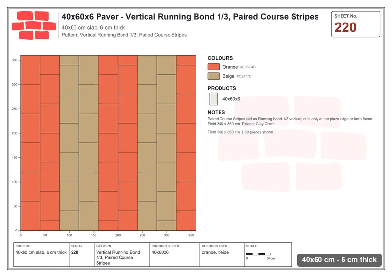 Interlock (Pasco) 40x60 cm · RC46-220 · Vertical Running Bond 1/3, Paired Course Stripes · Laying plan Interlock (Pasco) 40x60 cm · RC46-220 · Vertical Running Bond 1/3, Paired Course Stripes · Laying plan