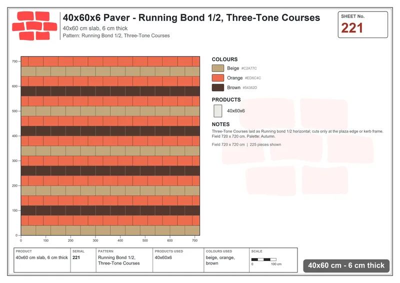 Interlock (Pasco) 40x60 cm · RC46-221 · Running Bond 1/2, Three-Tone Courses · Laying plan Interlock (Pasco) 40x60 cm · RC46-221 · Running Bond 1/2, Three-Tone Courses · Laying plan