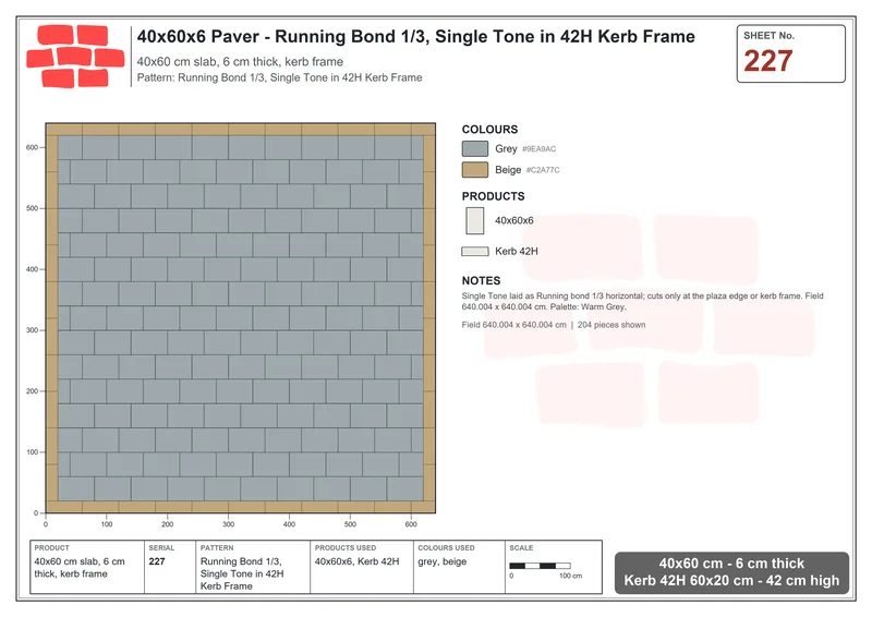 Interlock (Pasco) 40x60 cm · RC46-227 · Running Bond 1/3, Single Tone in 42H Kerb Frame · Laying plan Interlock (Pasco) 40x60 cm · RC46-227 · Running Bond 1/3, Single Tone in 42H Kerb Frame · Laying plan
