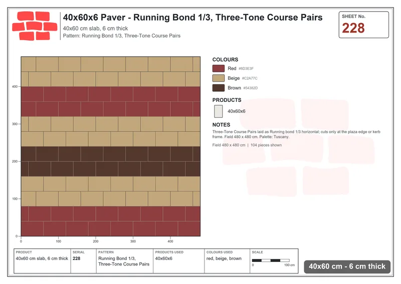 Interlock (Pasco) 40x60 cm · RC46-228 · Running Bond 1/3, Three-Tone Course Pairs · Laying plan Interlock (Pasco) 40x60 cm · RC46-228 · Running Bond 1/3, Three-Tone Course Pairs · Laying plan