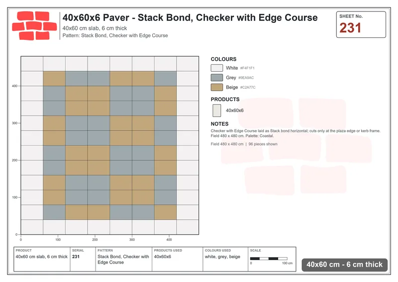Interlock (Pasco) 40x60 cm · RC46-231 · Stack Bond, Checker with Edge Course · Laying plan Interlock (Pasco) 40x60 cm · RC46-231 · Stack Bond, Checker with Edge Course · Laying plan