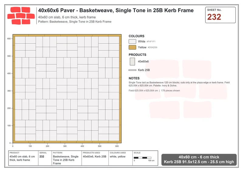 Interlock (Pasco) 40x60 cm · RC46-232 · Basketweave, Single Tone in 25B Kerb Frame · Laying plan Interlock (Pasco) 40x60 cm · RC46-232 · Basketweave, Single Tone in 25B Kerb Frame · Laying plan