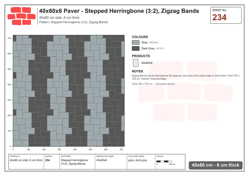 Interlock (Pasco) 40x60 cm · RC46-234 · Stepped Herringbone (3:2), Zigzag Bands · Laying plan Interlock (Pasco) 40x60 cm · RC46-234 · Stepped Herringbone (3:2), Zigzag Bands · Laying plan