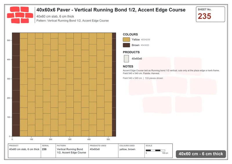 Interlock (Pasco) 40x60 cm · RC46-235 · Vertical Running Bond 1/2, Accent Edge Course · Laying plan Interlock (Pasco) 40x60 cm · RC46-235 · Vertical Running Bond 1/2, Accent Edge Course · Laying plan