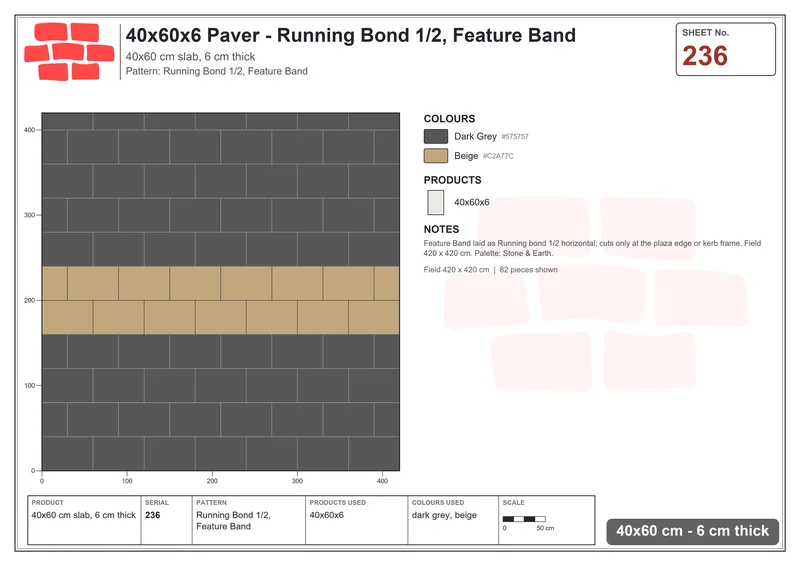 Interlock (Pasco) 40x60 cm · RC46-236 · Running Bond 1/2, Feature Band · Laying plan Interlock (Pasco) 40x60 cm · RC46-236 · Running Bond 1/2, Feature Band · Laying plan