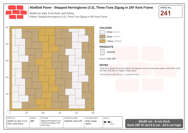 Interlock (Pasco) 40x60 cm · RC46-241 · Stepped Herringbone (3:2), Three-Tone Zigzag in 25F Kerb Frame · Laying plan Interlock (Pasco) 40x60 cm · RC46-241 · Stepped Herringbone (3:2), Three-Tone Zigzag in 25F Kerb Frame · Laying plan