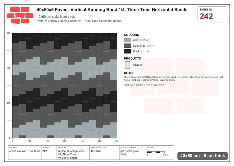 Interlock (Pasco) 40x60 cm · RC46-242 · Vertical Running Bond 1/4, Three-Tone Horizontal Bands · Laying plan Interlock (Pasco) 40x60 cm · RC46-242 · Vertical Running Bond 1/4, Three-Tone Horizontal Bands · Laying plan