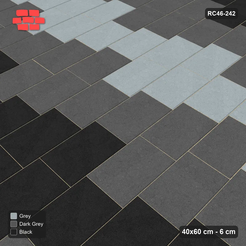 Interlock (Pasco) 40x60 cm · RC46-242 · Vertical Running Bond 1/4, Three-Tone Horizontal Bands · Side view Interlock (Pasco) 40x60 cm · RC46-242 · Vertical Running Bond 1/4, Three-Tone Horizontal Bands · Side view