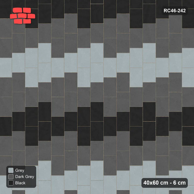 Interlock (Pasco) 40x60 cm · RC46-242 · Vertical Running Bond 1/4, Three-Tone Horizontal Bands · Top view Interlock (Pasco) 40x60 cm · RC46-242 · Vertical Running Bond 1/4, Three-Tone Horizontal Bands · Top view