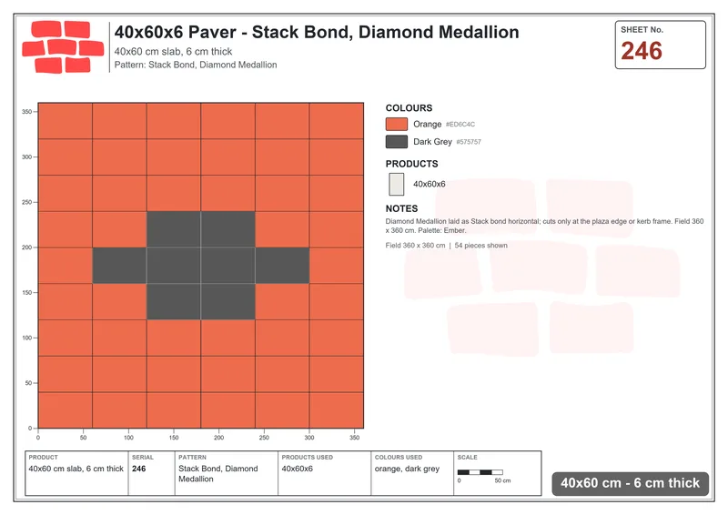 Interlock (Pasco) 40x60 cm · RC46-246 · Stack Bond, Diamond Medallion · Laying plan Interlock (Pasco) 40x60 cm · RC46-246 · Stack Bond, Diamond Medallion · Laying plan