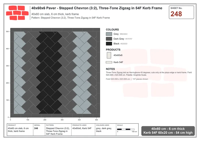 Interlock (Pasco) 40x60 cm · RC46-248 · Stepped Chevron (3:2), Three-Tone Zigzag in 54F Kerb Frame · Laying plan Interlock (Pasco) 40x60 cm · RC46-248 · Stepped Chevron (3:2), Three-Tone Zigzag in 54F Kerb Frame · Laying plan