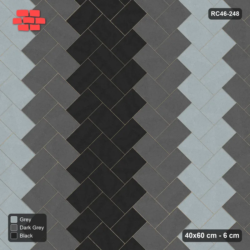 Interlock (Pasco) 40x60 cm · RC46-248 · Stepped Chevron (3:2), Three-Tone Zigzag in 54F Kerb Frame · Top view Interlock (Pasco) 40x60 cm · RC46-248 · Stepped Chevron (3:2), Three-Tone Zigzag in 54F Kerb Frame · Top view