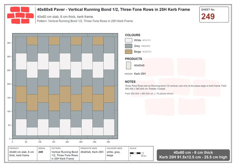 Interlock (Pasco) 40x60 cm · RC46-249 · Vertical Running Bond 1/2, Three-Tone Rows in 25H Kerb Frame · Laying plan Interlock (Pasco) 40x60 cm · RC46-249 · Vertical Running Bond 1/2, Three-Tone Rows in 25H Kerb Frame · Laying plan