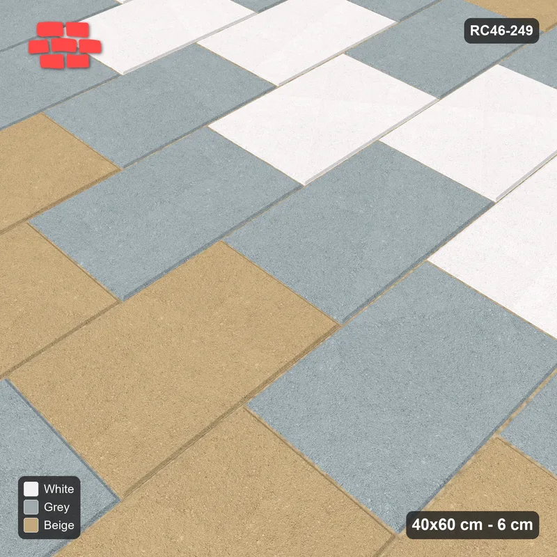 Interlock (Pasco) 40x60 cm · RC46-249 · Vertical Running Bond 1/2, Three-Tone Rows in 25H Kerb Frame · Side view Interlock (Pasco) 40x60 cm · RC46-249 · Vertical Running Bond 1/2, Three-Tone Rows in 25H Kerb Frame · Side view