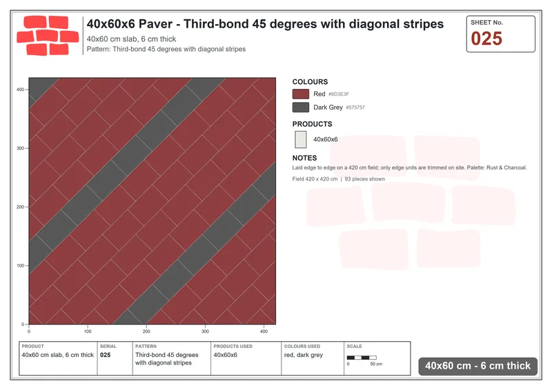 Interlock (Pasco) 40x60 cm · RC46-25 · Third-bond 45 degrees with diagonal stripes · Laying plan Interlock (Pasco) 40x60 cm · RC46-25 · Third-bond 45 degrees with diagonal stripes · Laying plan