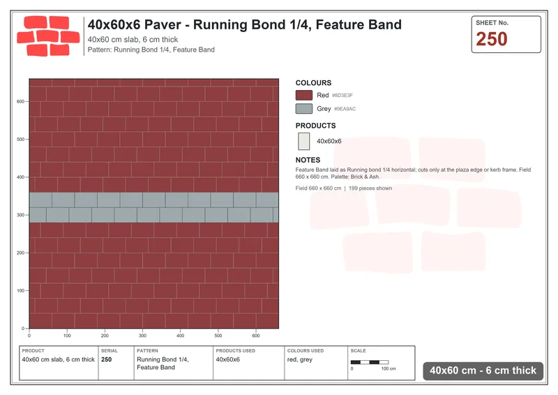 Interlock (Pasco) 40x60 cm · RC46-250 · Running Bond 1/4, Feature Band · Laying plan Interlock (Pasco) 40x60 cm · RC46-250 · Running Bond 1/4, Feature Band · Laying plan