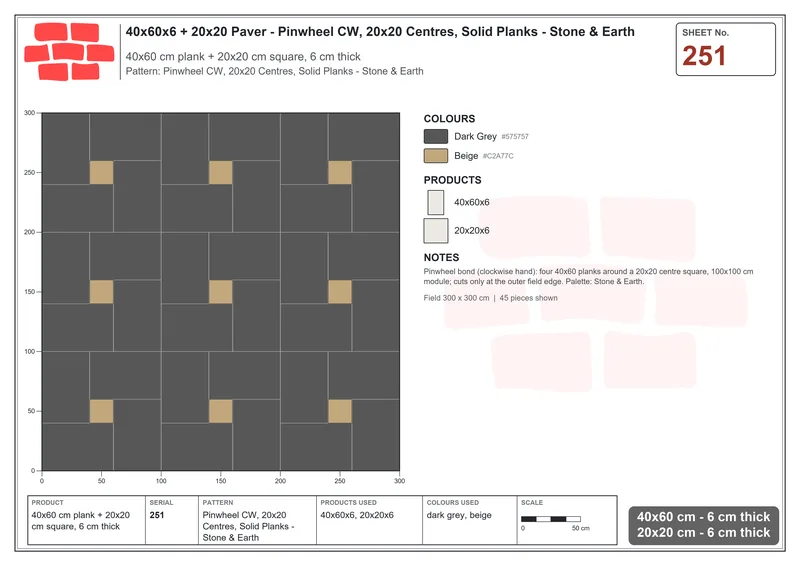 Interlock (Pasco) 40x60 cm · RC46-251 · Pinwheel CW, 20x20 Centres, Solid Planks - Stone & Earth · Laying plan Interlock (Pasco) 40x60 cm · RC46-251 · Pinwheel CW, 20x20 Centres, Solid Planks - Stone & Earth · Laying plan