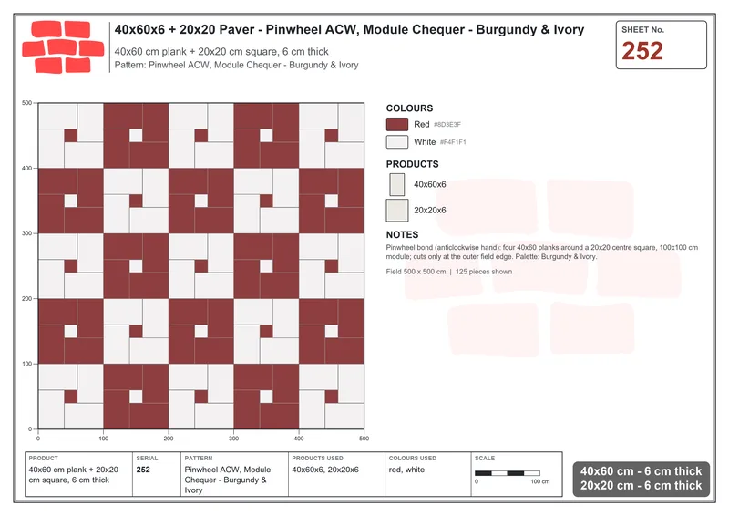 Interlock (Pasco) 40x60 cm · RC46-252 · Pinwheel ACW, Module Chequer - Burgundy & Ivory · Laying plan Interlock (Pasco) 40x60 cm · RC46-252 · Pinwheel ACW, Module Chequer - Burgundy & Ivory · Laying plan